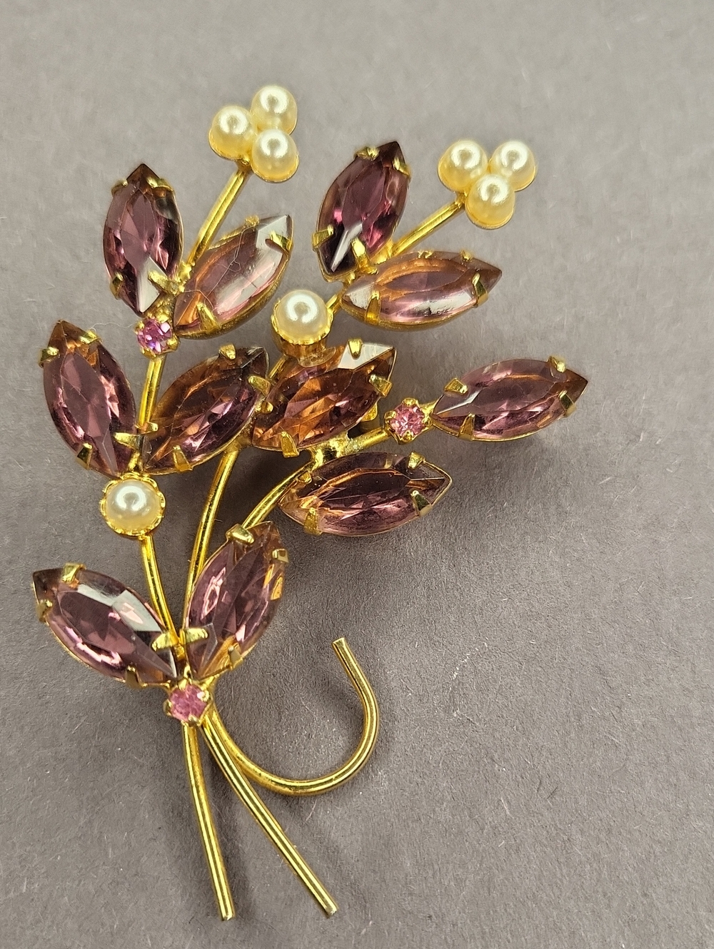 Purple Crystal and Pearl Floral Brooch